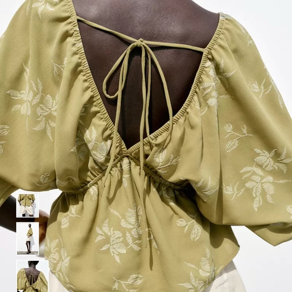 Zara Mustard Floral Blouse with Tie Back - Picture 5 of 8